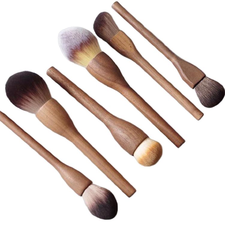 Large Vintage Walnut Wood 6-Piece Face Makeup Powder Brush Set Nylon Vegan Wood Handle Customizable Travel-Friendly Makeup