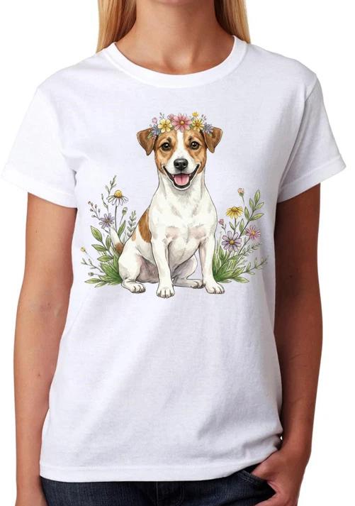 Jack Russell Terrier Dog T-Shirt Floral Puppy Art Cute Dog Lover Ladies Tee M