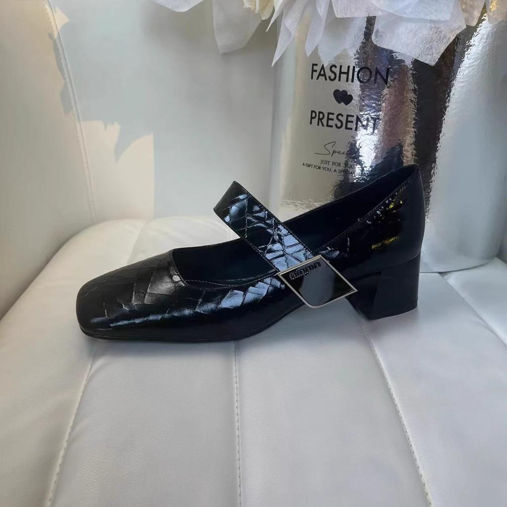 Fashion NEW Spring/Autumn Women Pumps Square Toe Chunky Heel Shoes Satin Shoes for Women Elegant Low Heel Buckle Black Mary Jane Shoes