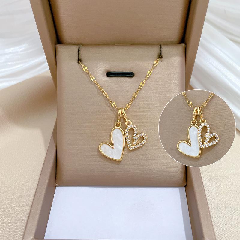 Double-Layer Love Empty Light Luxury Temperament Gorgeous Full Diamond Necklace Female Versatile Collarbone Chain Titanium Steel Chain
