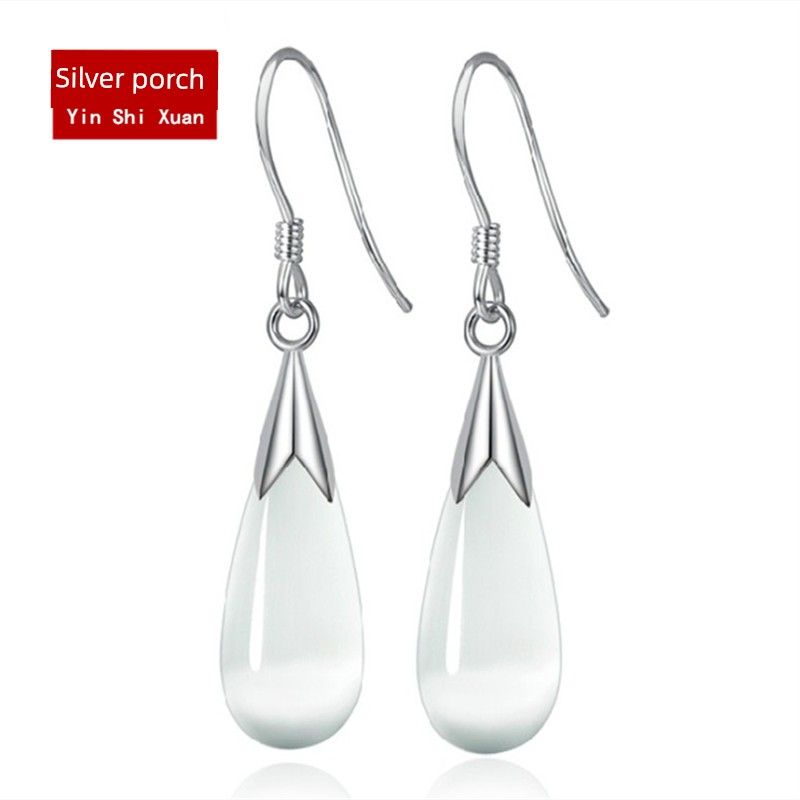 

Women s Opal Retro Water Drops Anti-Allergy Silver Earrings White Cat s Eye Stone Ear Hook