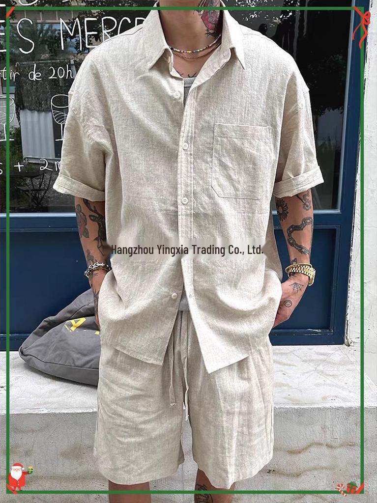 Herren-Set: Leinen-Kurzarmhemd & Baumwollshorts für den Strand - Old Money Stil, Atmungsaktive Urlaubsbekleidung