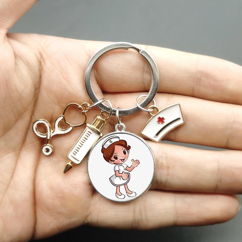 Paint Fashion Creative Nurse Medical Syringe Stethoscope Image Keychain Glass Suitable Nurses and Doctors Key Ring Pendant Gift