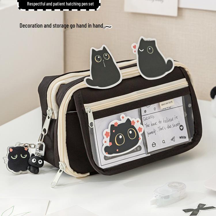 2025 New Little Black Cat Transparent Pencil Case for Girls - Trendy Stationery Box for Elementary, Middle, and High School Students