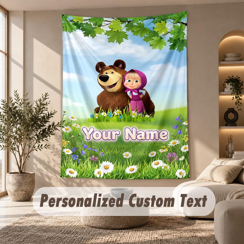 Masha and the Bear Tapestry, Personalized Custom Text, Wall Hanging Tapestry For Living Room Home Wall Decor