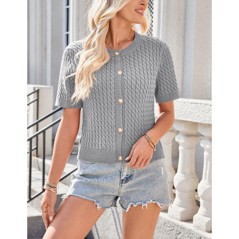 Women European Style Short Sleeve Button Front Cropped Round Neck Knitted Cardigan Sweater
