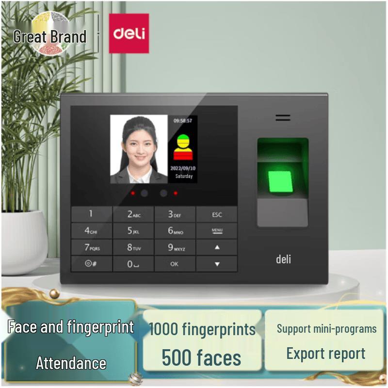 Deli Bluetooth Face & Fingerprint Recognition Time Clock CN plug (adapter included)