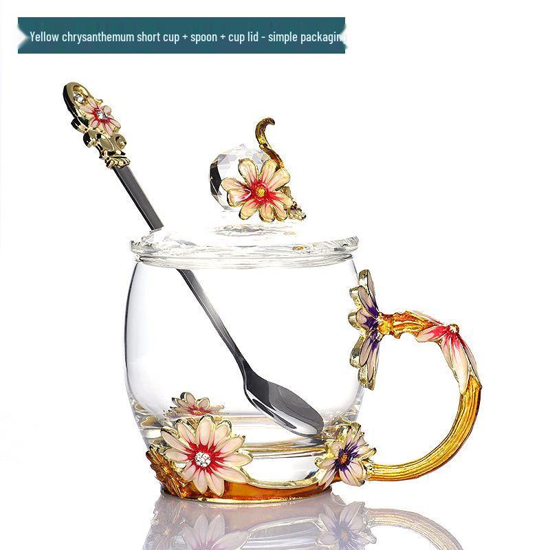 Daisy Enamel Flower Tea Cup - Heat-Resistant Crystal Glass for Home, Office, or Festival Gift