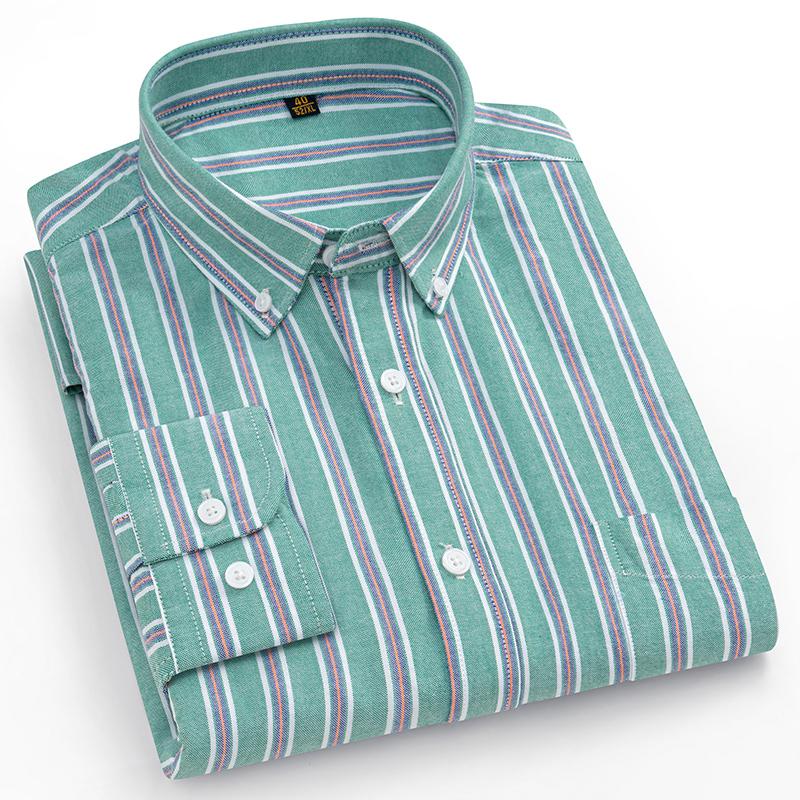 8XL 100% Cotton Oxford Striped Plaid Longsleeve Shirt for Men Dress Shirts High Quality Pure Color Business Button Up Shirt