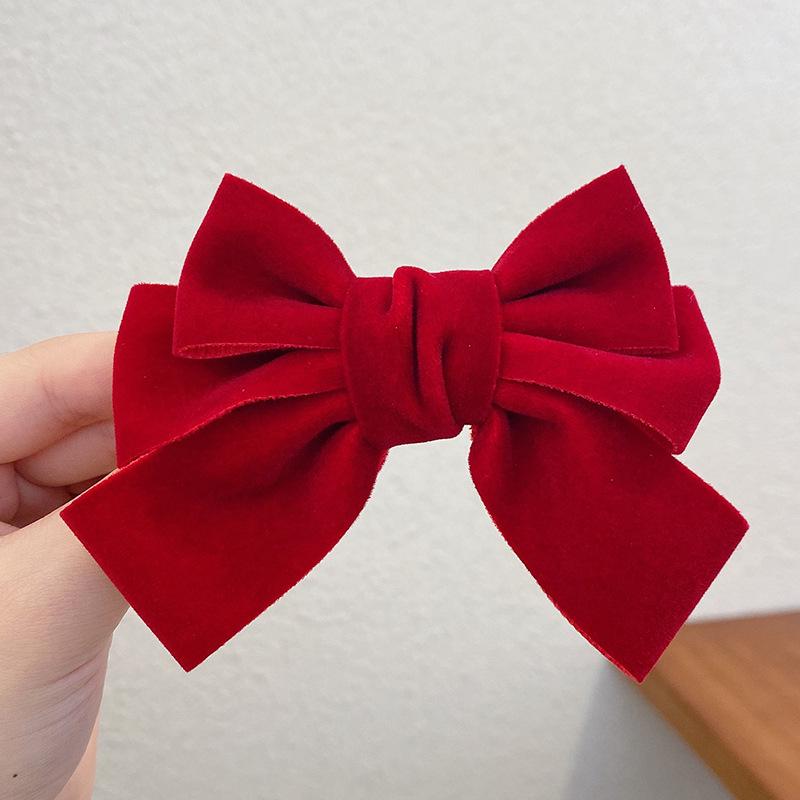Velvet Red Bow Hair Clip for Girls, Chinese New Year Headdress, Princess-Style with Streamers