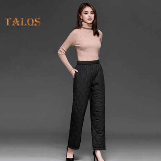 Autumn Winter Cotton Pants Rhombus Quilted Straight Wide Leg Long Pants with Pockets Solid Color Thickened Warm Trousers