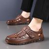 Breathable Men'S Leather Sandals Cowhide Hollow Hole Shoes Casual Soft Sole Dad Sandals