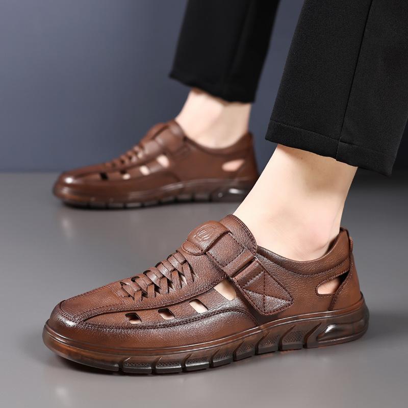 Breathable Men'S Leather Sandals Cowhide Hollow Hole Shoes Casual Soft Sole Dad Sandals