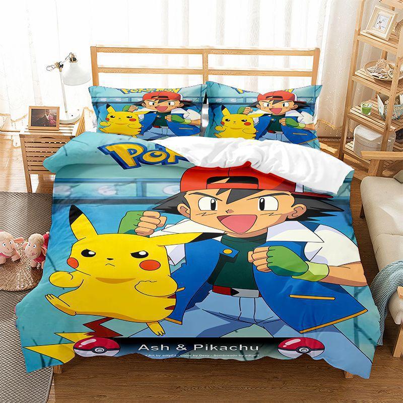 Pokemons Cartoon Anime Bedding Set Kawaii Pikachu Gengar Eevee Charizard Quilt Duvet Cover Pillowcase Kid Bed Set Twin King Size