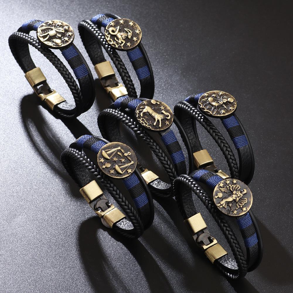 JMXD 12 Zodiac Punk Style Studded Leather Bracelet Hand-Woven Rope Zodiac Band Fashion Accessory Unisex Gift