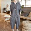 Men's Chinese Linen Pajama Set: Short Sleeve Hanfu Top with Frog Buttons and Cotton Linen Capri Pants In Trendy Loose Fit