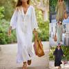 Summer New Style Women's Cotton And Linen Shirt Casual Long-sleeved Cardigan Dress V-neck Solid Color Loose Beach Skirt