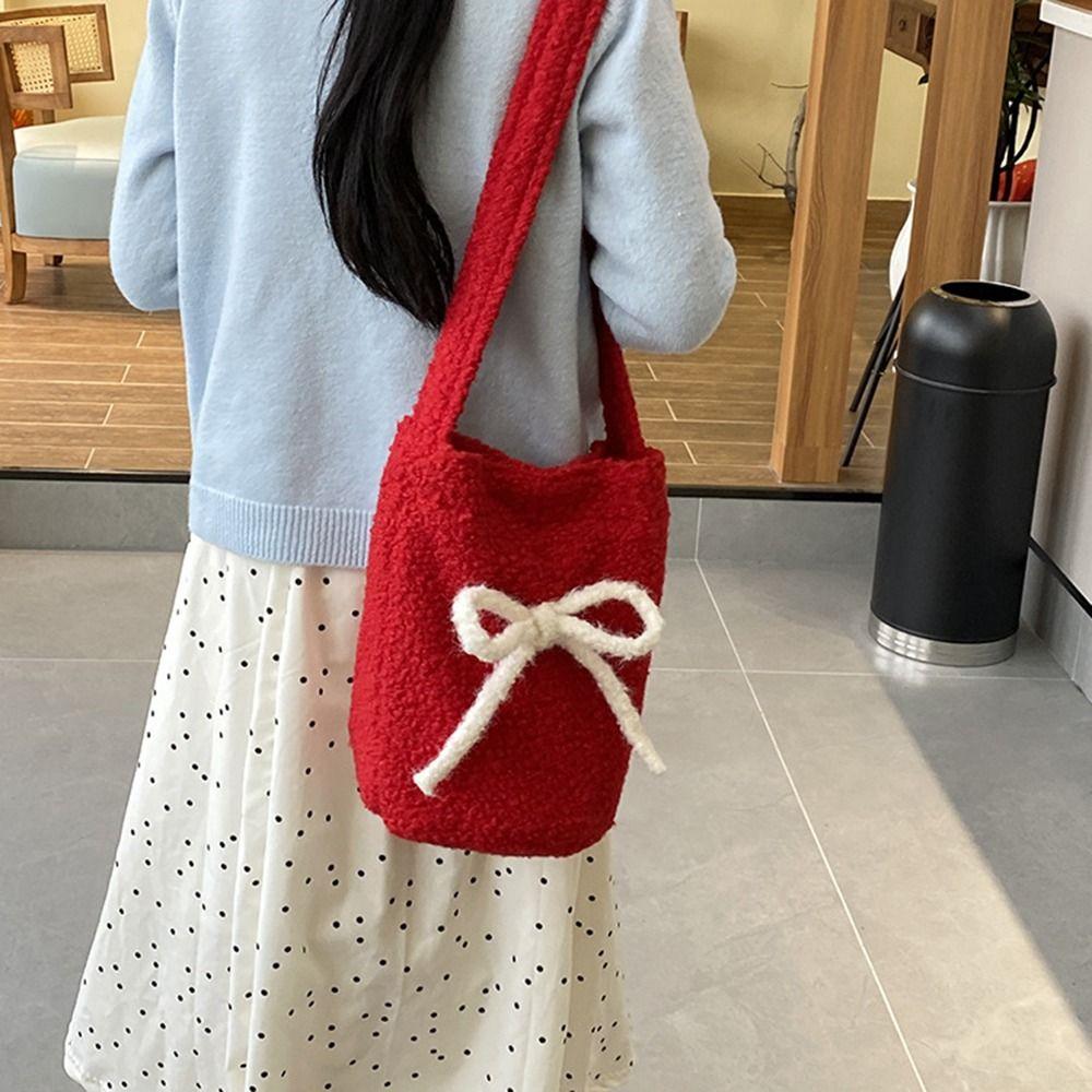 Bow Decoration Plush Bucket Bag Large Capacity New Year Red Tote Christmas Shoulder Bag  Women
