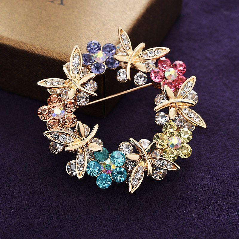 European and American Style Multi-Colored Floral Wreath Brooches, Fashionable Rhinestone Pins, Versatile and Elegant Suit Accessories