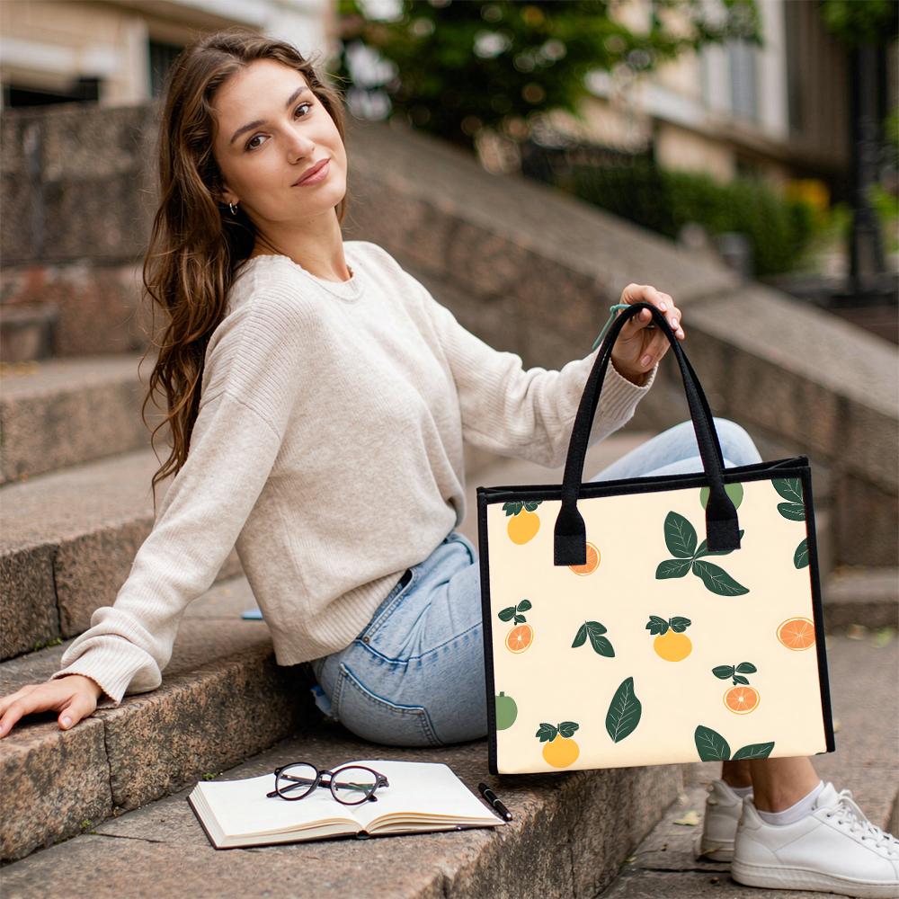 Citrus Print Canvas Tote Bag Casual Daily Large Capacity Shoulder Bag for Shopping Travel Commute