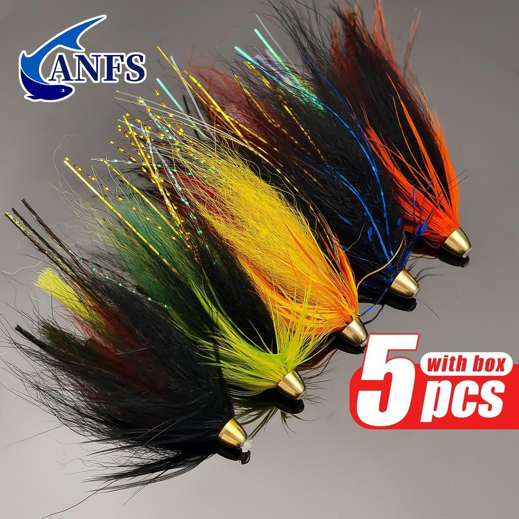 5pcs Copper Head Cone Tube Worm Fly Fishing Lures, Mixed Color Wet Bait for Salmon and Trout
