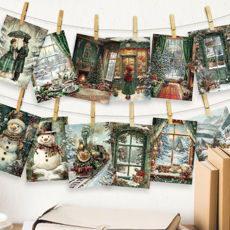 32pcs, green retro nostalgic Christmas postcards, birthday/anniversary gifts, collectible, giftable, and mailable