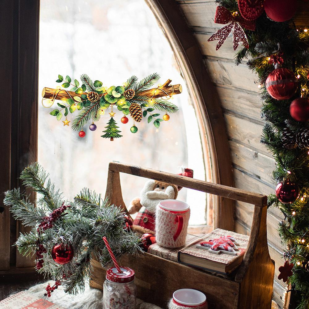 Christmas Painted Pine Tree Branches, Outdoor Balcony Glass Window Decoration with Window Stickers