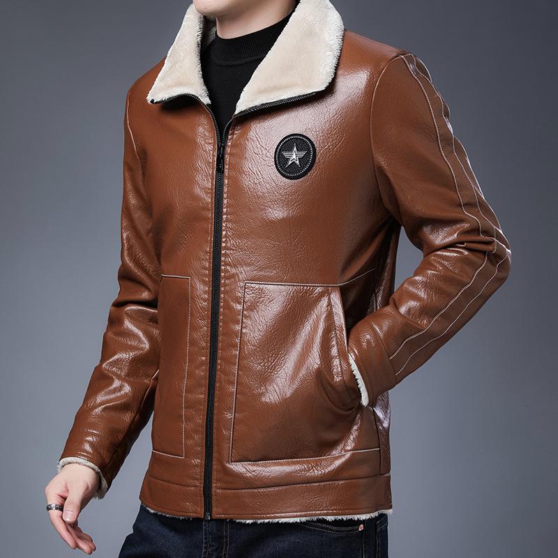 

Мужская кожаная куртка с флисовым воротником и меховой вставкой, а также утолщенная бархатная куртка из шерпы нового стиля для модных мужчин L
