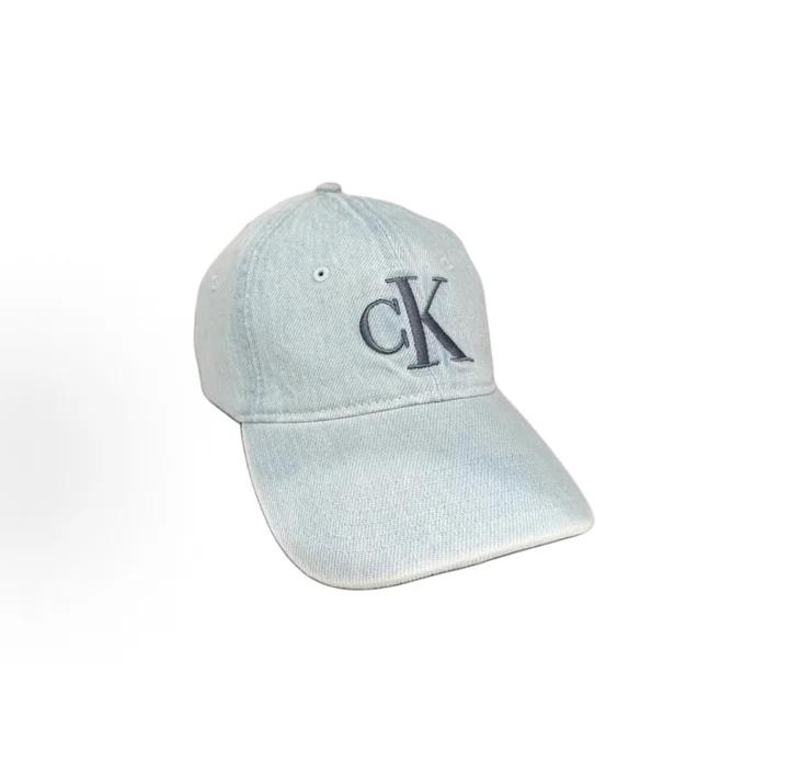 Calvin Klein Allover Print Denim Baseball Cap, Large Contrast CK Monogram Embroidery Curved Brim Light Wash Vintage Casual Sun Hat 4G5048G-LHL