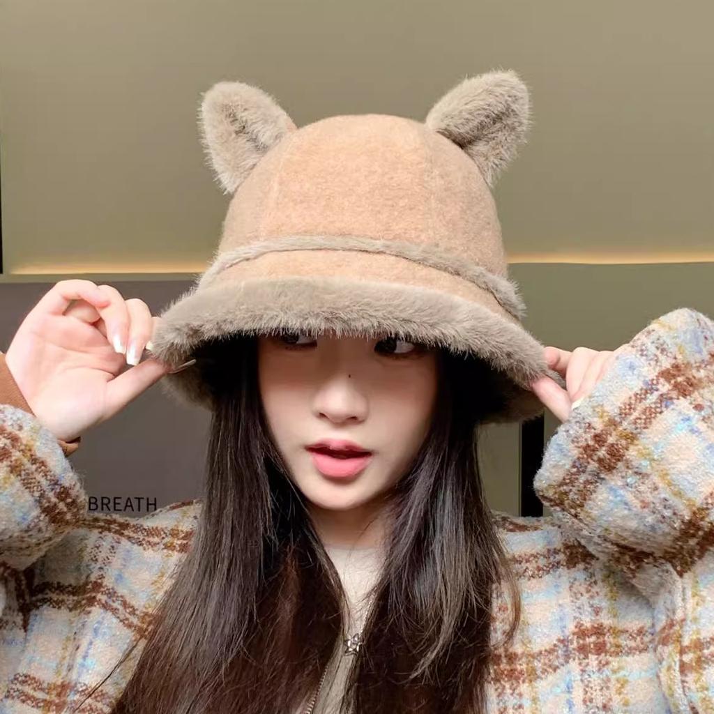 Autumn and Winter New Rabbit Fur Double Ball Basin Hat Cute Soft Cute Bear Ear Hat Women's Cold Bucket Hat