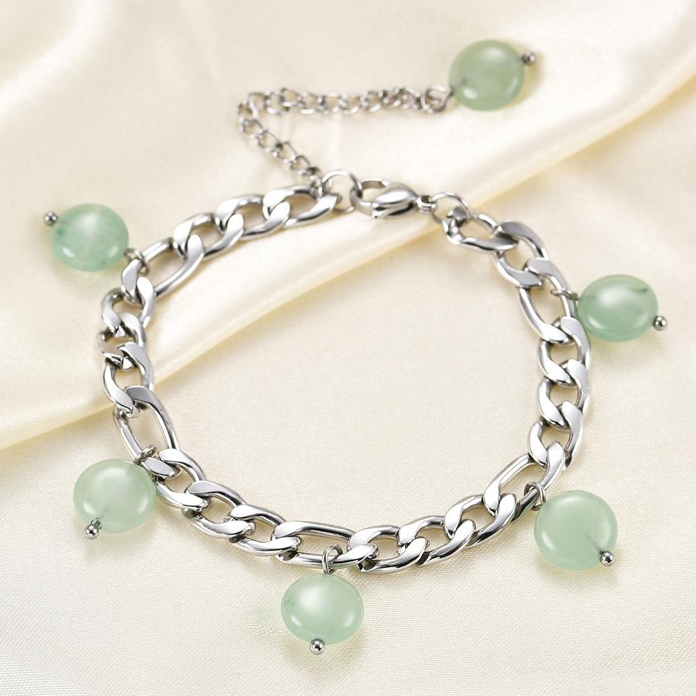 Retro French Fashion Green Stone Tassel Pendant Figaro Chain Bracelet in 18K Gold-Plated Stainless Steel