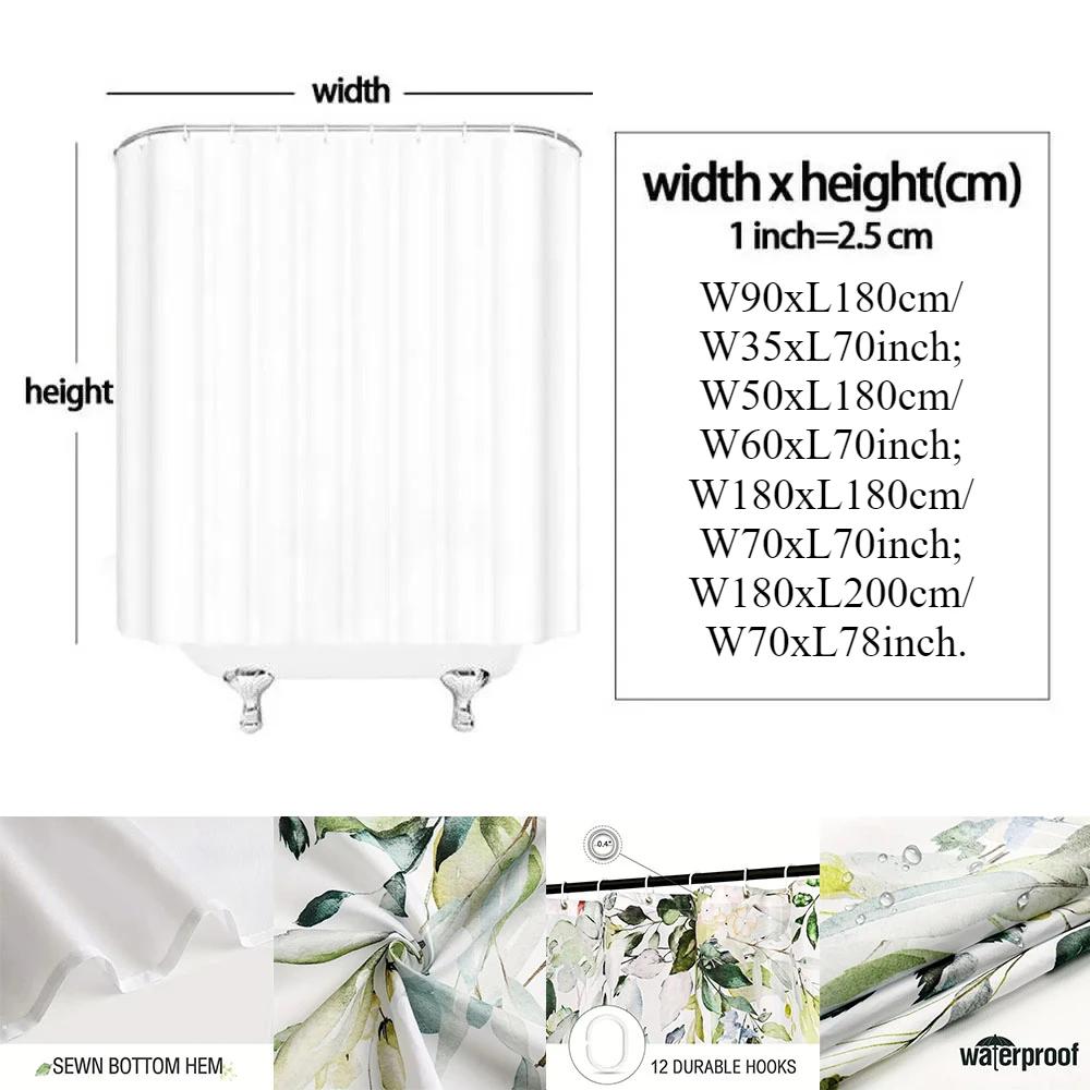 1PC Botanical Flower and Leaf Watercolor Pattern Waterproofing Bathroom Decoration Shower Curtain with Hooks Minimalist Design
