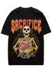 Heavyweight Skull joyful Face Print T-Shirt - Thick Stretch -Like /Spandex, Off-the-Shoulder Round Neck Streetwear Hip-Hop Short Sleeve Tee for Summer