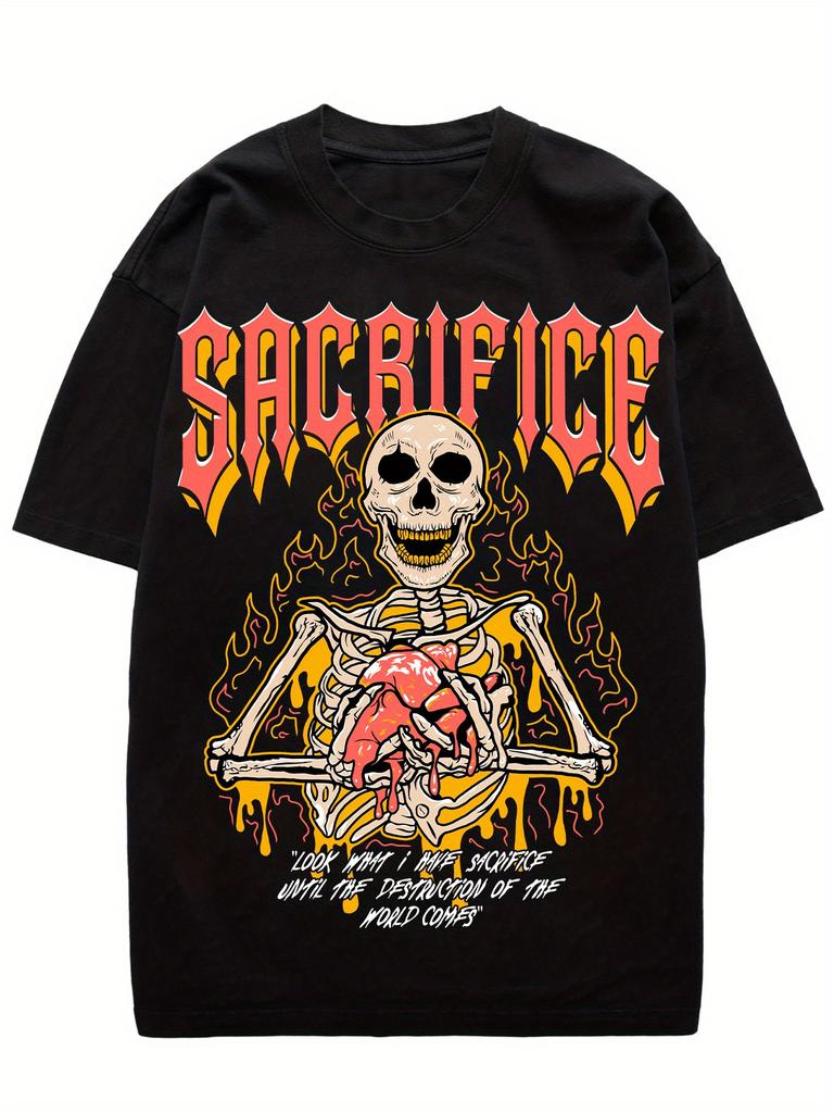 Heavyweight Skull joyful Face Print T-Shirt - Thick Stretch -Like /Spandex, Off-the-Shoulder Round Neck Streetwear Hip-Hop Short Sleeve Tee for Summer