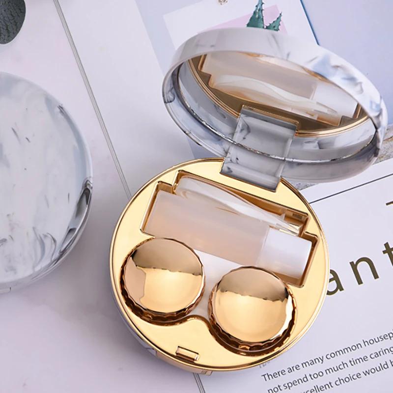 1PC - Round Marble Pattern Beauty Eye Contact Lens Box Dual Case Storage Lens Box Contact Lens Dual Case
