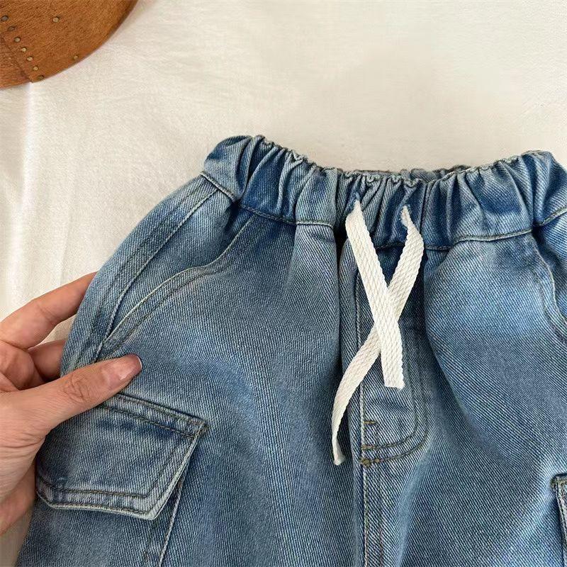 Summer Children's Girls and Boys Denim Shorts Elastic Waist Drawstring Solid Color Pocket Cargo Jeans Baby Boys Casual Shorts