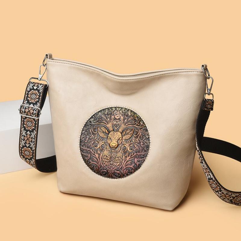 Borsa a Spalla in Pelle Ricamata con Cervo Vintage per Donna - Borsa a Tracolla Tote Bohemienne con Tracolla Etnica, Borsa a Mano Moda Retro