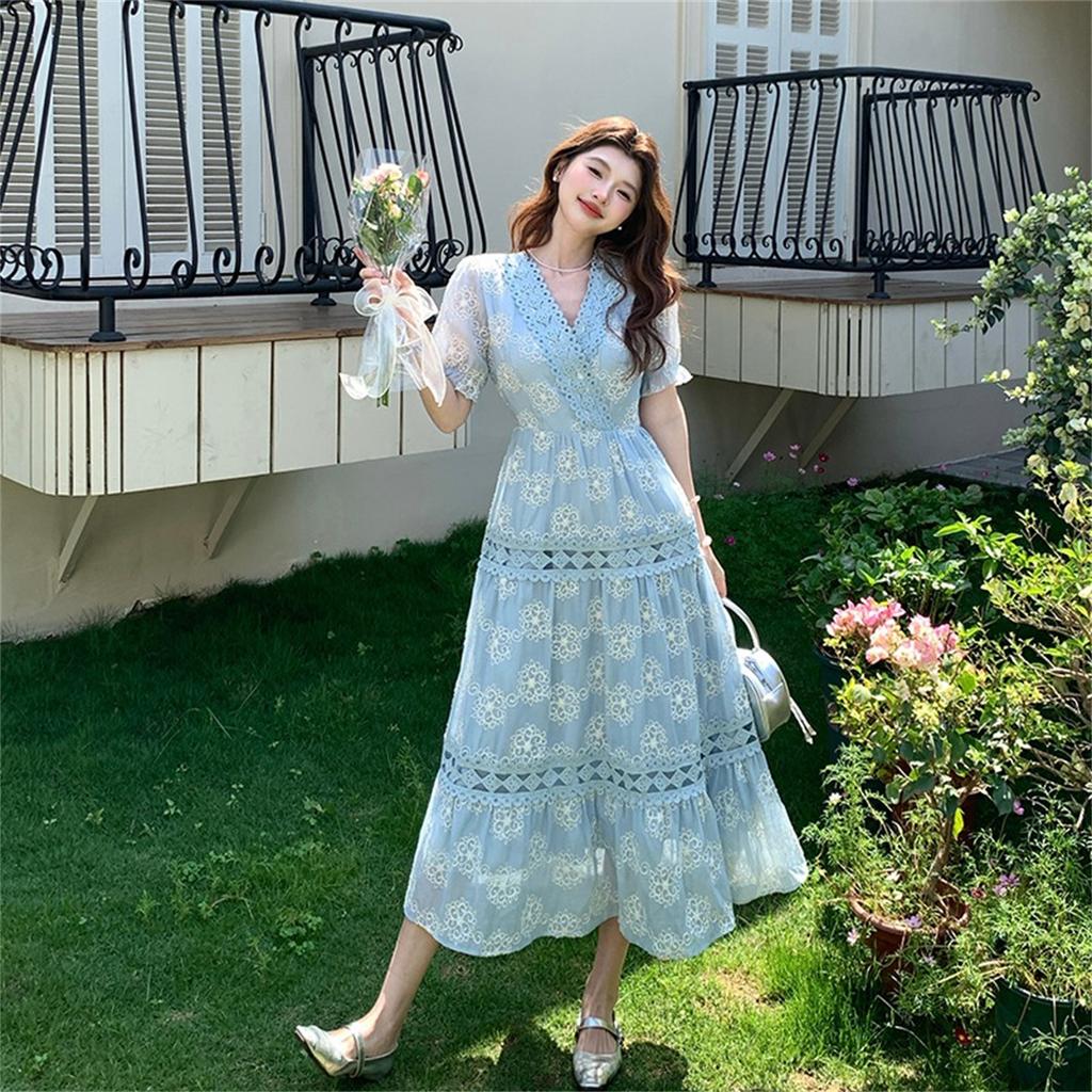 New Summer Fashionable Floral Embroidered Patchwork V-Neck Short-Sleeve Fitted Slimming Midi Dress Women's Holiday Vestidos
