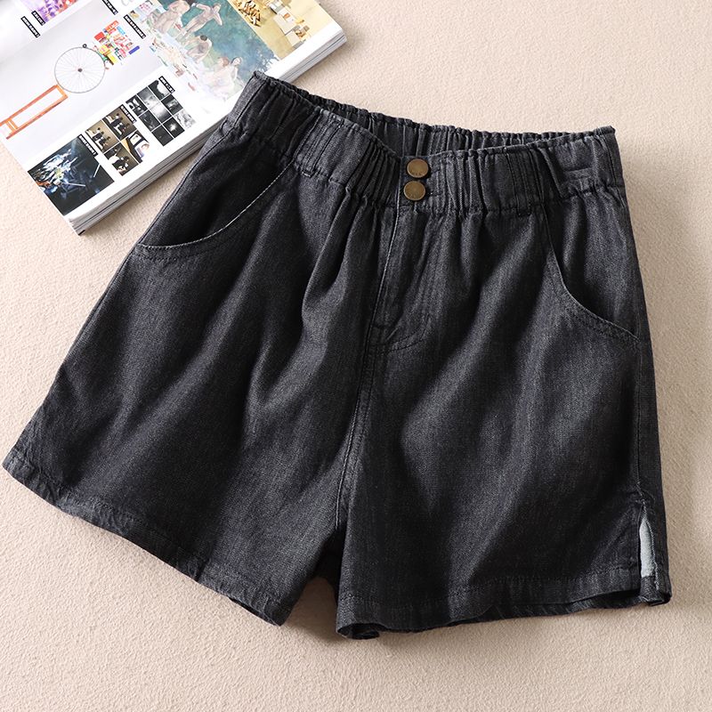 

A425 Elastic High-Waist Amoi Split Denim Shorts Dark gray(Black Gray) M