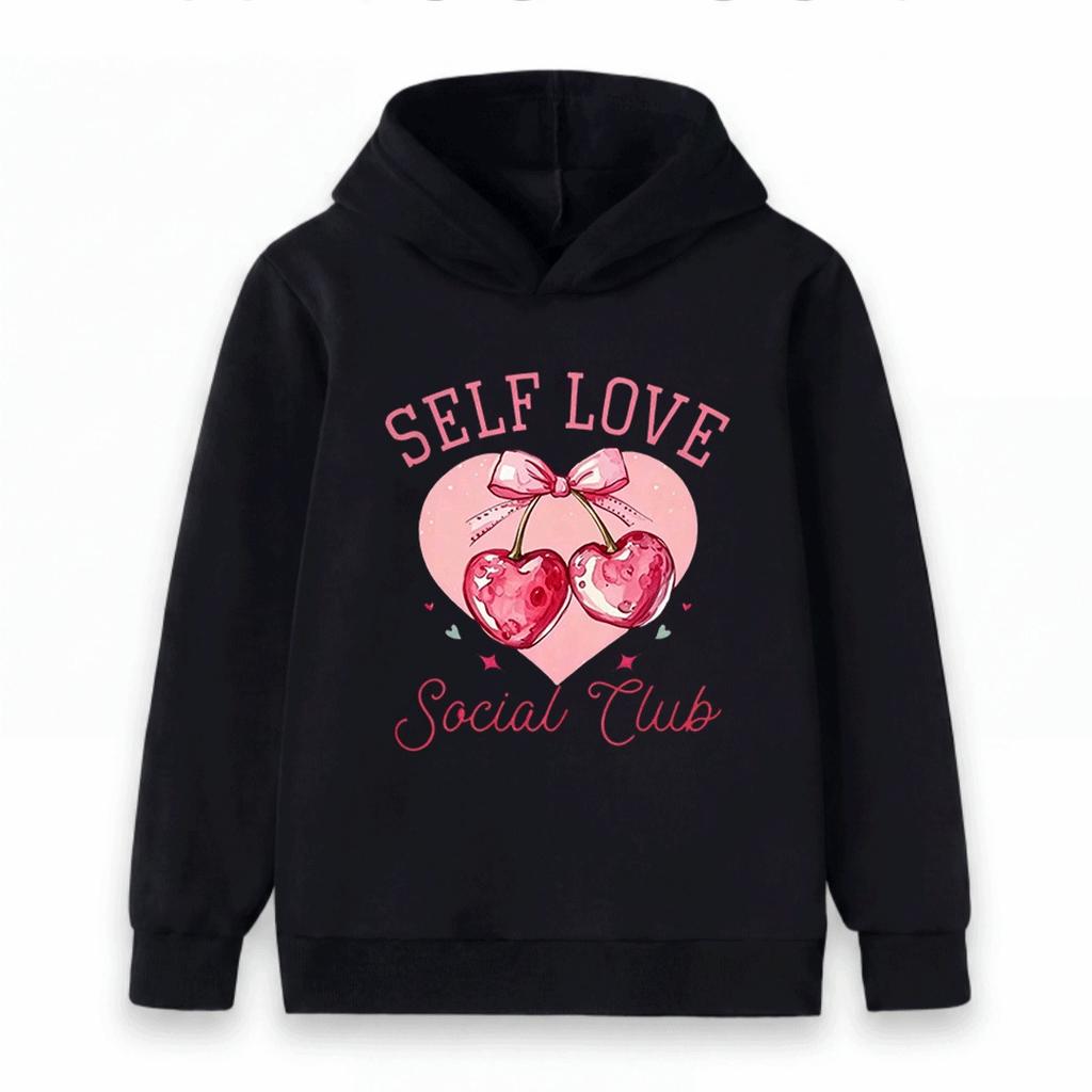 Kids Boys Girls Self Love Social Club Cherry Heart Print Pullover Hoodie Casual Long Sleeve Sweatshirt For Children