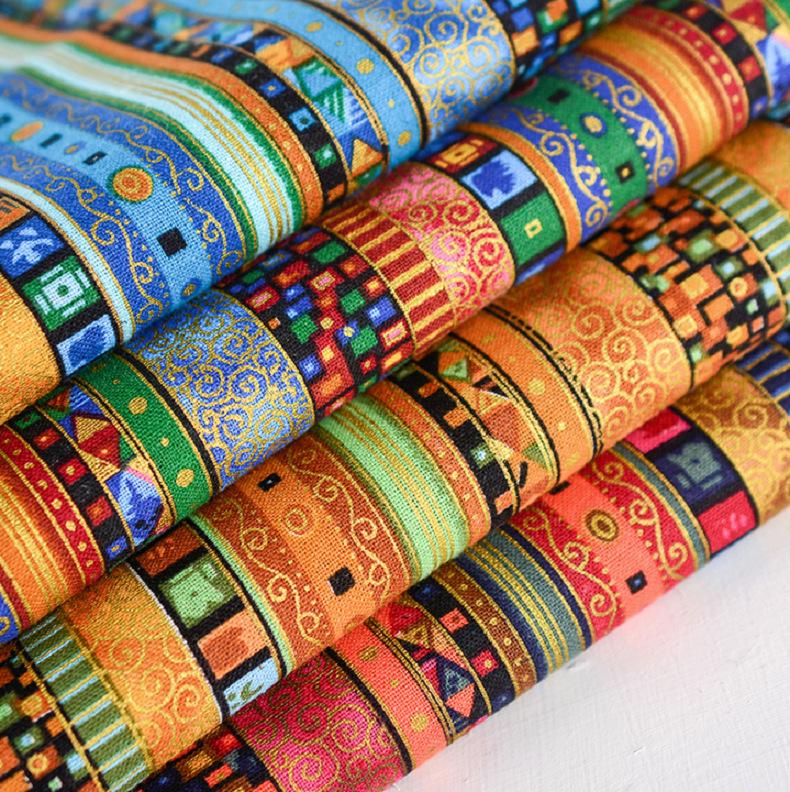 Ethnic Multi-Color Printed Cotton-Linen Fabric Set for DIY Patchwork & Tablecloths