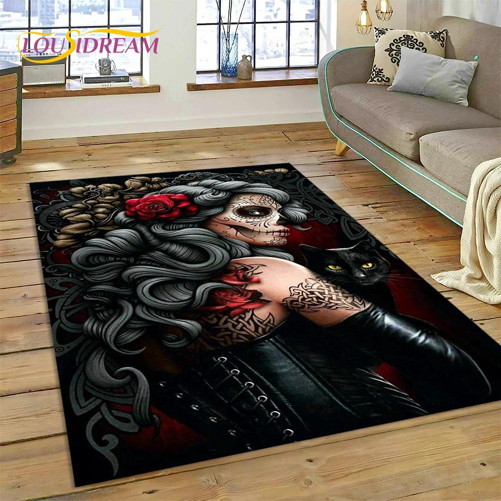Skull Dead Girl 3D Gothic Horror Female Rose Rug Carpet for Living Room Bedroom Decor,Non-slip Decoration for Sofa Doormat Gift