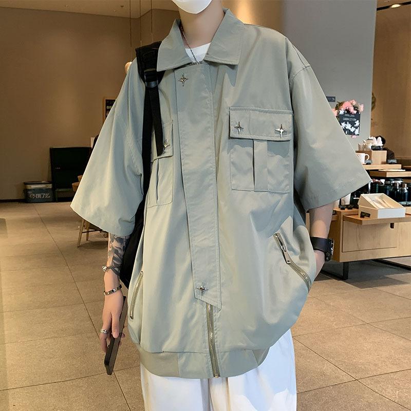 Men's Black Oversized Short Sleeve Shirt Casual Star Stud Detail Streetwear Top