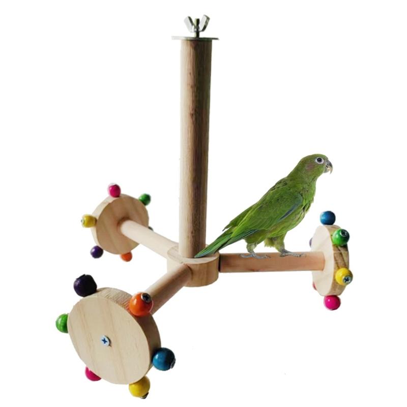 Interactive Wooden Bird Stand with Rotating Feature Bird Cage Colorful Parrot Perch Windmill Toy for Mental Stimulation