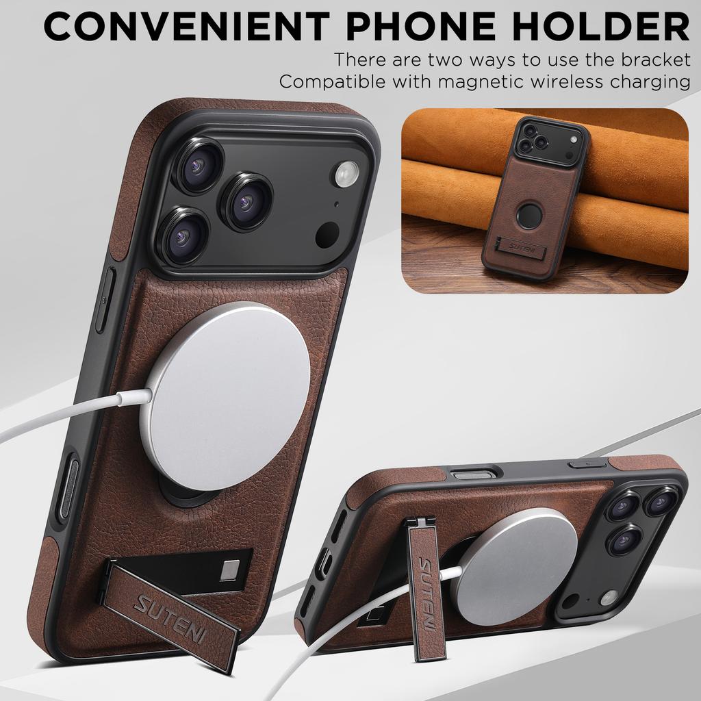 Luxury Faux Leather Phone Case Frosted Feel Stand Magnet Wireless Charging for IPhone 17 Pro Max 16 Plus 15 14 13 12