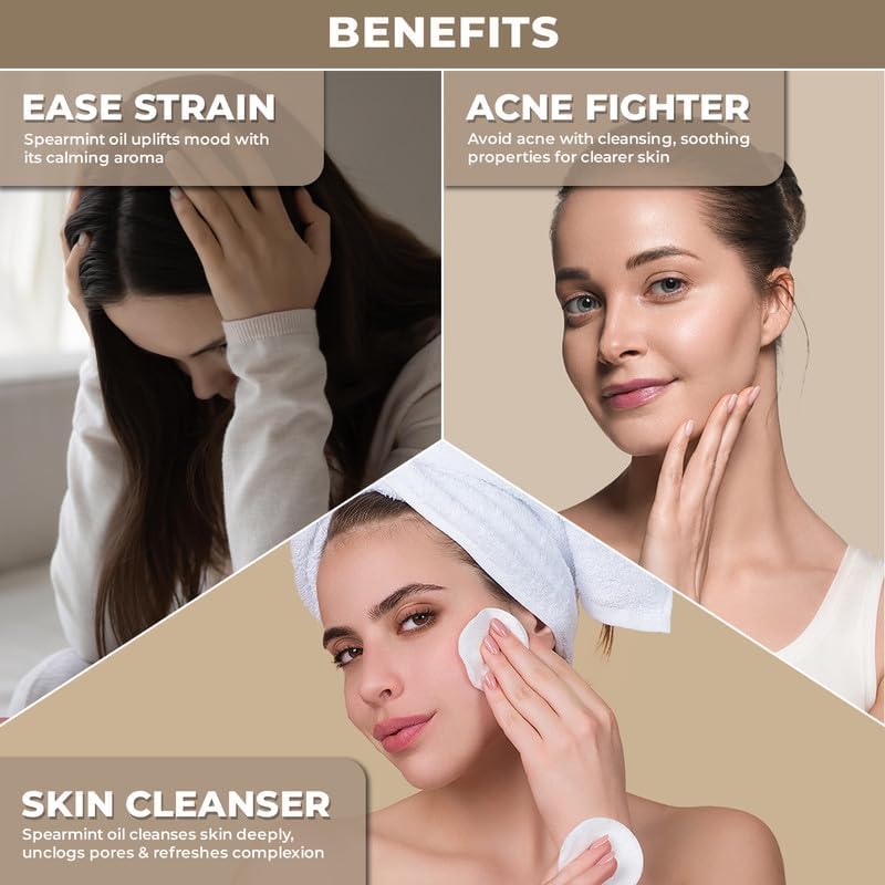 100% Pflanzliches Spearmintöl für Gesichtshaare, Haut und Körpermassage | Reines Spearmint Ätherisches Öl für Aromatherapie und Entspannung - Pudinaöl