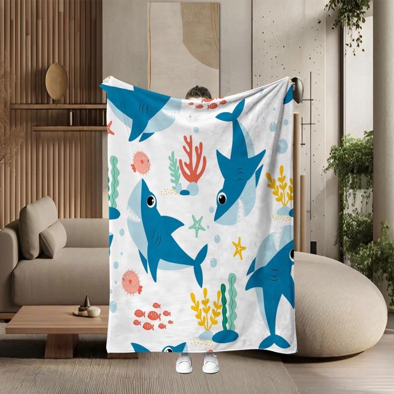 1 piece of French fleece blanket - ocean themed adult bed cover with turtle seahorse starfish coral reef and dolphin patterns
