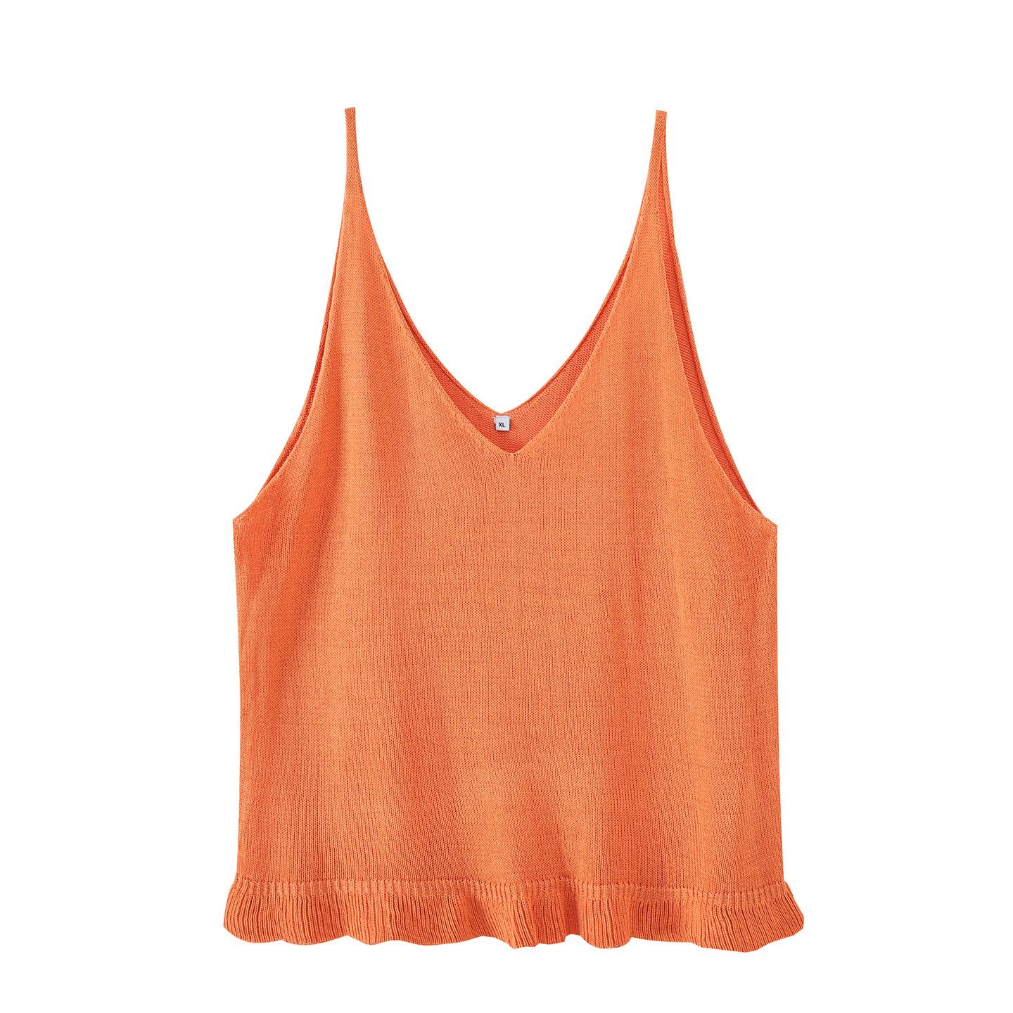 

Retro V-neck Knit Camisole Vest with Ruffle Hem - 2026 Summer Sleeveless Layering Top 3XL (91-105 kg) помаранчевий