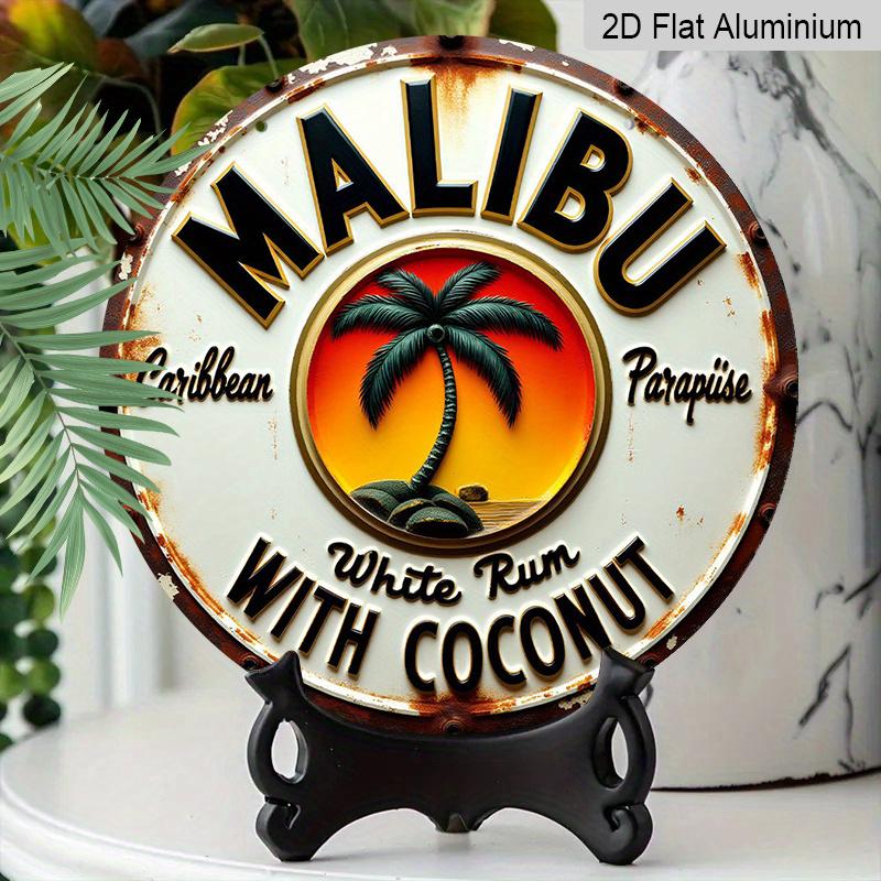 [Segno Rum Tropicale] Piatto 2D, 1 pz Segno da Parete in Metallo Rum & Cocco Tropicale Caraibico - Rotondo Alluminio Durevole Arte da Spiaggia con Palme & Pappagallo per Bar