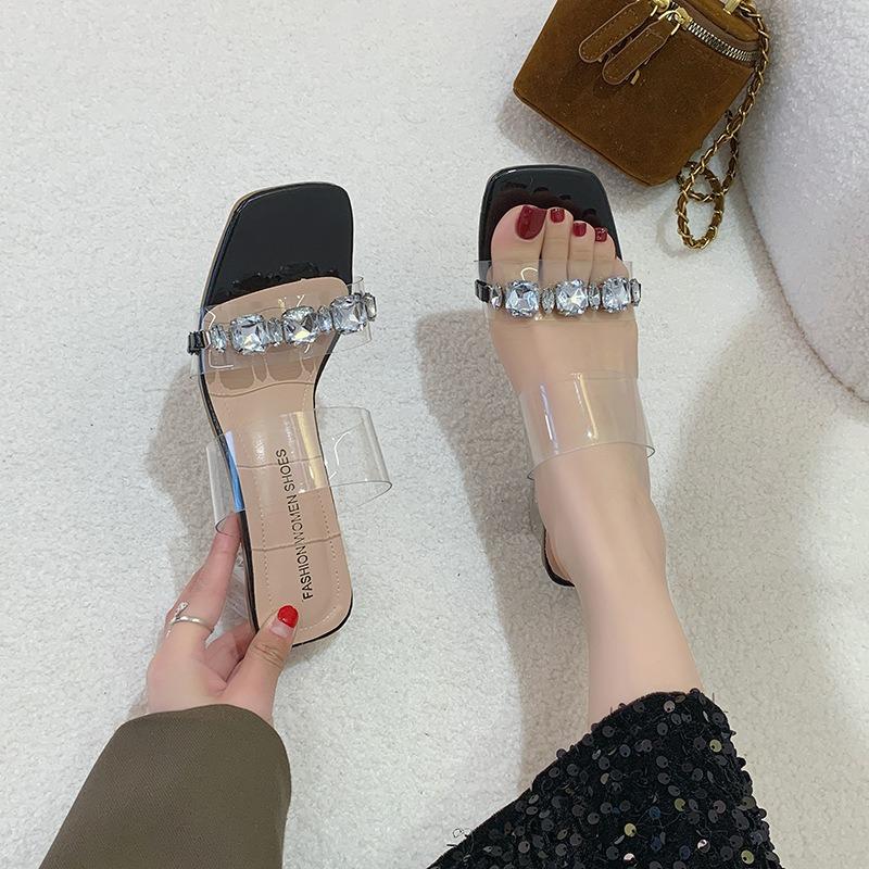 Summer new large-size high-heeled slippers women's fashion square-head rhinestone one-word cool slippers temperament women's shoes